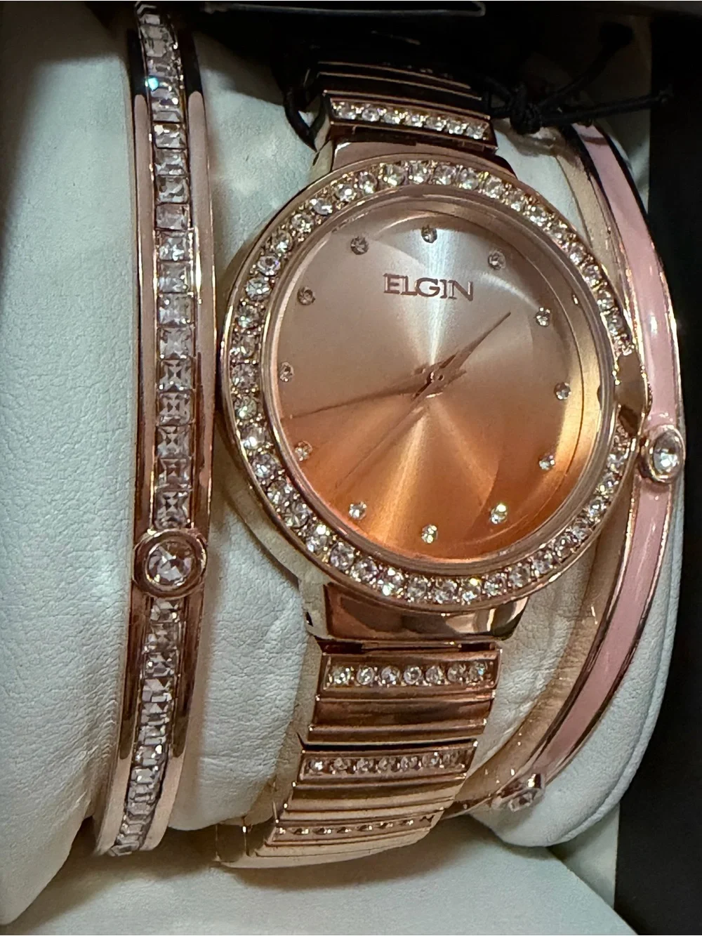 Elgin Women's Rose Gold Crystal Accent Watch and Bracelet Set - Rose - Picture 4 of 6